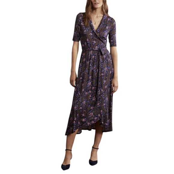 Boden Dress Size 2 US Navy Blue Pink Jersey Wrap Floral Midi Sleeves “Lavinia” - Picture 1 of 11